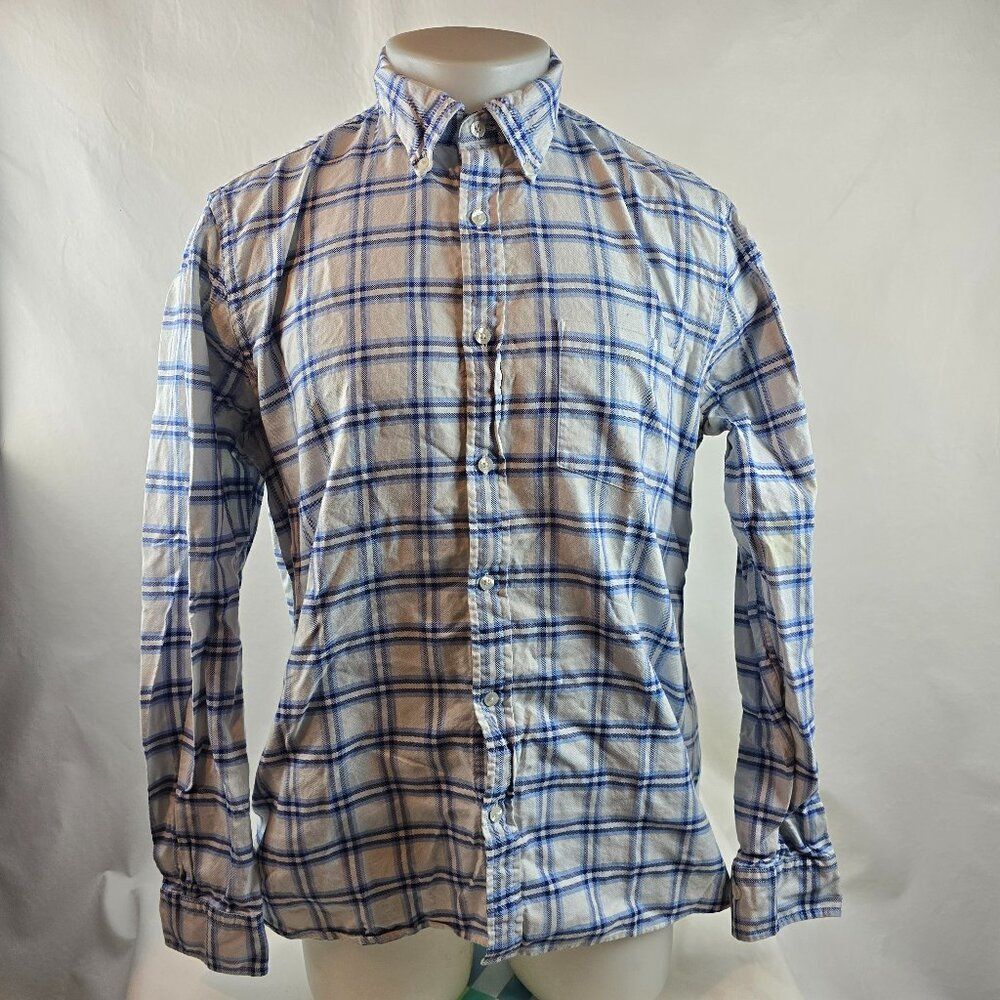 Brooks Brothers Shirt Mens Large Blue White Plaid Button Down Red Fleece Casual